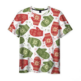 Мужская футболка 3D с принтом Варежки в Петрозаводске, 100% полиэфир | прямой крой, круглый вырез горловины, длина до линии бедер | варешки | зима | новый год | орнамент | снег | снежинки