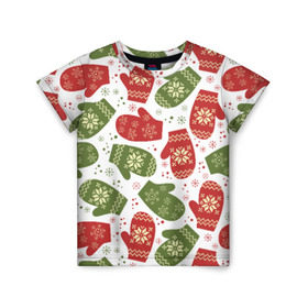 Детская футболка 3D с принтом Варежки в Петрозаводске, 100% гипоаллергенный полиэфир | прямой крой, круглый вырез горловины, длина до линии бедер, чуть спущенное плечо, ткань немного тянется | варешки | зима | новый год | орнамент | снег | снежинки