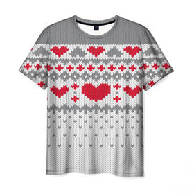 Мужская футболка 3D с принтом Сердечки в Петрозаводске, 100% полиэфир | прямой крой, круглый вырез горловины, длина до линии бедер | вязанье | любовь | свитр | сердечки