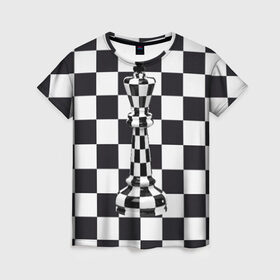 Женская футболка 3D с принтом Ферзь в Петрозаводске, 100% полиэфир ( синтетическое хлопкоподобное полотно) | прямой крой, круглый вырез горловины, длина до линии бедер | клетки | ферзь | шахматная доска | шахматы