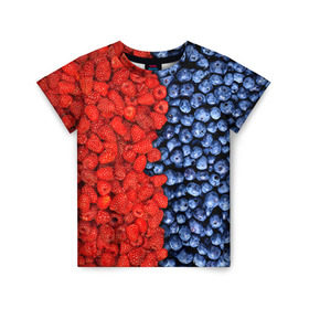 Детская футболка 3D с принтом Ягодка в Петрозаводске, 100% гипоаллергенный полиэфир | прямой крой, круглый вырез горловины, длина до линии бедер, чуть спущенное плечо, ткань немного тянется | Тематика изображения на принте: клубника | малина | черника | ягода | ягодка | ягодный