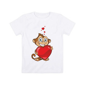 Детская футболка хлопок с принтом Обезьянка с сердцем в Петрозаводске, 100% хлопок | круглый вырез горловины, полуприлегающий силуэт, длина до линии бедер | Тематика изображения на принте: 