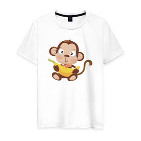 Мужская футболка хлопок с принтом Обезьянка с бананом в Петрозаводске, 100% хлопок | прямой крой, круглый вырез горловины, длина до линии бедер, слегка спущенное плечо. | 2016 | год | зима | мартышка | новогодний | новый | обезьяна | обезьянка | подарок | с новым годом