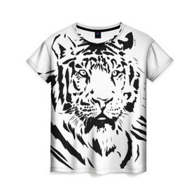 Женская футболка 3D с принтом Тигр в Петрозаводске, 100% полиэфир ( синтетическое хлопкоподобное полотно) | прямой крой, круглый вырез горловины, длина до линии бедер | взгляд | тигр | трафарет | хищник