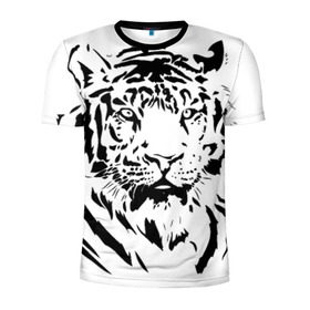 Мужская футболка 3D спортивная с принтом Тигр в Петрозаводске, 100% полиэстер с улучшенными характеристиками | приталенный силуэт, круглая горловина, широкие плечи, сужается к линии бедра | взгляд | тигр | трафарет | хищник