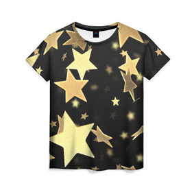 Женская футболка 3D с принтом Золотые звезды в Петрозаводске, 100% полиэфир ( синтетическое хлопкоподобное полотно) | прямой крой, круглый вырез горловины, длина до линии бедер | золотые звезды | орнамент | праздник