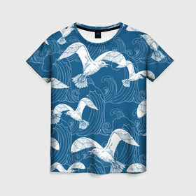 Женская футболка 3D с принтом Чайки в Петрозаводске, 100% полиэфир ( синтетическое хлопкоподобное полотно) | прямой крой, круглый вырез горловины, длина до линии бедер | небо | полет | птицы | чайки