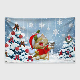 Флаг-баннер с принтом Новогодний котёнок в Петрозаводске, 100% полиэстер | размер 67 х 109 см, плотность ткани — 95 г/м2; по краям флага есть четыре люверса для крепления | 2016 | christmas | ёлка | котёнок | новый год