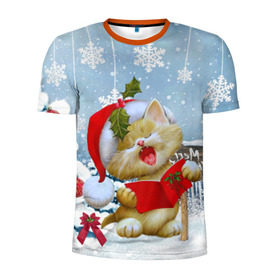 Мужская футболка 3D спортивная с принтом Новогодний котёнок в Петрозаводске, 100% полиэстер с улучшенными характеристиками | приталенный силуэт, круглая горловина, широкие плечи, сужается к линии бедра | 2016 | christmas | ёлка | котёнок | новый год