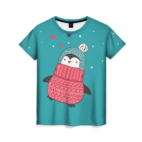 Женская футболка 3D с принтом Пингвинчик в Петрозаводске, 100% полиэфир ( синтетическое хлопкоподобное полотно) | прямой крой, круглый вырез горловины, длина до линии бедер | пингвин