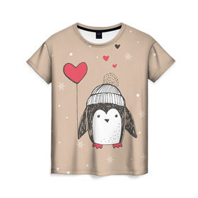Женская футболка 3D с принтом Пингвин с шариком в Петрозаводске, 100% полиэфир ( синтетическое хлопкоподобное полотно) | прямой крой, круглый вырез горловины, длина до линии бедер | пингвин