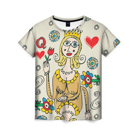 Женская футболка 3D с принтом Червовая дама в Петрозаводске, 100% полиэфир ( синтетическое хлопкоподобное полотно) | прямой крой, круглый вырез горловины, длина до линии бедер | 14 февраля | love | влюбленные | карты | королева | король | лав | любовь | пара | парные | подарок