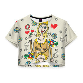 Женская футболка 3D укороченная с принтом Червовая дама в Петрозаводске, 100% полиэстер | круглая горловина, длина футболки до линии талии, рукава с отворотами | 14 февраля | love | влюбленные | карты | королева | король | лав | любовь | пара | парные | подарок