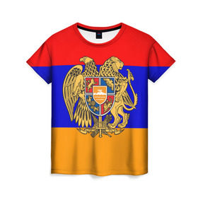Женская футболка 3D с принтом Герб и флаг Армении в Петрозаводске, 100% полиэфир ( синтетическое хлопкоподобное полотно) | прямой крой, круглый вырез горловины, длина до линии бедер | armenia | армения | герб | флаг