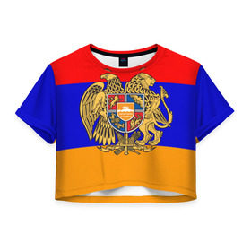 Женская футболка 3D укороченная с принтом Герб и флаг Армении в Петрозаводске, 100% полиэстер | круглая горловина, длина футболки до линии талии, рукава с отворотами | Тематика изображения на принте: armenia | армения | герб | флаг