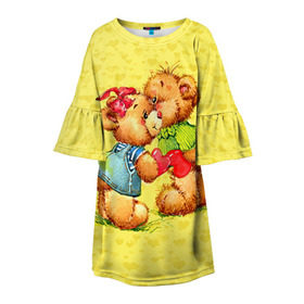 Детское платье 3D с принтом Влюбленные мишки в Петрозаводске, 100% полиэстер | прямой силуэт, чуть расширенный к низу. Круглая горловина, на рукавах — воланы | 14 февраля | bear | love | teddy | валентин | влюбленный | любовь | милый | мишка | рисунок | сердечко | сердце