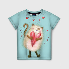 Детская футболка 3D с принтом Котик в Петрозаводске, 100% гипоаллергенный полиэфир | прямой крой, круглый вырез горловины, длина до линии бедер, чуть спущенное плечо, ткань немного тянется | 14 февраля | bear | love | teddy | валентин | влюбленный | киска | кот | котик | любовь | милый | рисунок | сердечко | сердце