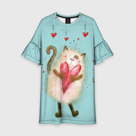 Детское платье 3D с принтом Котик в Петрозаводске, 100% полиэстер | прямой силуэт, чуть расширенный к низу. Круглая горловина, на рукавах — воланы | 14 февраля | bear | love | teddy | валентин | влюбленный | киска | кот | котик | любовь | милый | рисунок | сердечко | сердце