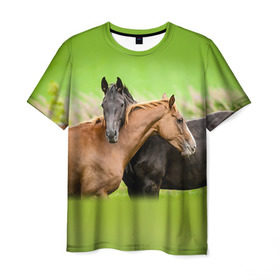 Мужская футболка 3D с принтом Лошади 2 в Петрозаводске, 100% полиэфир | прямой крой, круглый вырез горловины, длина до линии бедер | horse | horseshoe | акварель | головалошади | грива | единорог | жеребец | животные | конь | лошадь | лошадьскрыльями | подкова | природа | рисуноккрасками