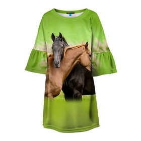 Детское платье 3D с принтом Лошади 2 в Петрозаводске, 100% полиэстер | прямой силуэт, чуть расширенный к низу. Круглая горловина, на рукавах — воланы | horse | horseshoe | акварель | головалошади | грива | единорог | жеребец | животные | конь | лошадь | лошадьскрыльями | подкова | природа | рисуноккрасками