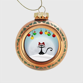 Стеклянный ёлочный шар с принтом Кошка с шапкой в Петрозаводске, Стекло | Диаметр: 80 мм | black | cat | toy | елочный шар | кот | кошка | черный | шар