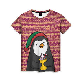 Женская футболка 3D с принтом Пингвиня в Петрозаводске, 100% полиэфир ( синтетическое хлопкоподобное полотно) | прямой крой, круглый вырез горловины, длина до линии бедер | пингвин