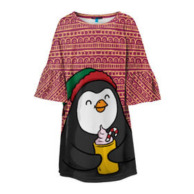 Детское платье 3D с принтом Пингвиня в Петрозаводске, 100% полиэстер | прямой силуэт, чуть расширенный к низу. Круглая горловина, на рукавах — воланы | Тематика изображения на принте: пингвин