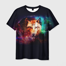 Мужская футболка 3D с принтом Космический волк в Петрозаводске, 100% полиэфир | прямой крой, круглый вырез горловины, длина до линии бедер | звезды | космический волк | креатив | хищник
