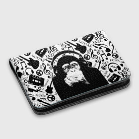 Картхолдер с принтом с принтом Шимпанзе в наушниках в Петрозаводске, натуральная матовая кожа | размер 7,3 х 10 см; кардхолдер имеет 4 кармана для карт; | джаз | музыка | обезьяна | рок | шимпанзе в наущниках