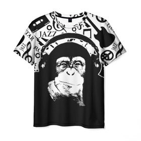 Мужская футболка 3D с принтом Шимпанзе в наушниках в Петрозаводске, 100% полиэфир | прямой крой, круглый вырез горловины, длина до линии бедер | Тематика изображения на принте: джаз | музыка | обезьяна | рок | шимпанзе в наущниках