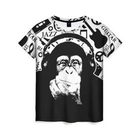 Женская футболка 3D с принтом Шимпанзе в наушниках в Петрозаводске, 100% полиэфир ( синтетическое хлопкоподобное полотно) | прямой крой, круглый вырез горловины, длина до линии бедер | Тематика изображения на принте: джаз | музыка | обезьяна | рок | шимпанзе в наущниках