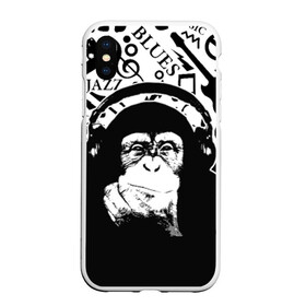 Чехол для iPhone XS Max матовый с принтом Шимпанзе в наушниках в Петрозаводске, Силикон | Область печати: задняя сторона чехла, без боковых панелей | джаз | музыка | обезьяна | рок | шимпанзе в наущниках