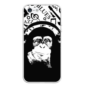 Чехол для iPhone 5/5S матовый с принтом Шимпанзе в наушниках в Петрозаводске, Силикон | Область печати: задняя сторона чехла, без боковых панелей | джаз | музыка | обезьяна | рок | шимпанзе в наущниках