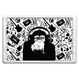 Магнит 45*70 с принтом Шимпанзе в наушниках в Петрозаводске, Пластик | Размер: 78*52 мм; Размер печати: 70*45 | джаз | музыка | обезьяна | рок | шимпанзе в наущниках