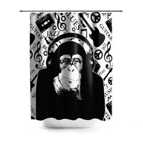 Штора 3D для ванной с принтом Шимпанзе в наушниках в Петрозаводске, 100% полиэстер | плотность материала — 100 г/м2. Стандартный размер — 146 см х 180 см. По верхнему краю — пластиковые люверсы для креплений. В комплекте 10 пластиковых колец | джаз | музыка | обезьяна | рок | шимпанзе в наущниках
