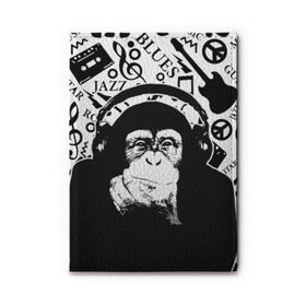 Обложка для автодокументов с принтом Шимпанзе в наушниках в Петрозаводске, натуральная кожа |  размер 19,9*13 см; внутри 4 больших “конверта” для документов и один маленький отдел — туда идеально встанут права | джаз | музыка | обезьяна | рок | шимпанзе в наущниках