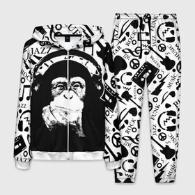 Мужской костюм 3D с принтом Шимпанзе в наушниках в Петрозаводске, 100% полиэстер | Манжеты и пояс оформлены тканевой резинкой, двухслойный капюшон со шнурком для регулировки, карманы спереди | Тематика изображения на принте: джаз | музыка | обезьяна | рок | шимпанзе в наущниках