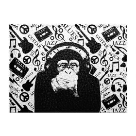 Обложка для студенческого билета с принтом Шимпанзе в наушниках в Петрозаводске, натуральная кожа | Размер: 11*8 см; Печать на всей внешней стороне | джаз | музыка | обезьяна | рок | шимпанзе в наущниках