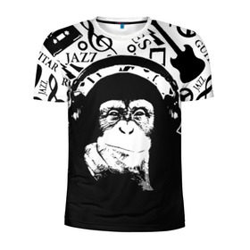 Мужская футболка 3D спортивная с принтом Шимпанзе в наушниках в Петрозаводске, 100% полиэстер с улучшенными характеристиками | приталенный силуэт, круглая горловина, широкие плечи, сужается к линии бедра | Тематика изображения на принте: джаз | музыка | обезьяна | рок | шимпанзе в наущниках