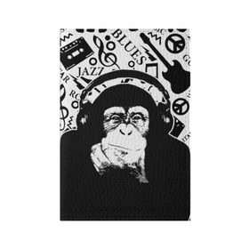 Обложка для паспорта матовая кожа с принтом Шимпанзе в наушниках в Петрозаводске, натуральная матовая кожа | размер 19,3 х 13,7 см; прозрачные пластиковые крепления | джаз | музыка | обезьяна | рок | шимпанзе в наущниках