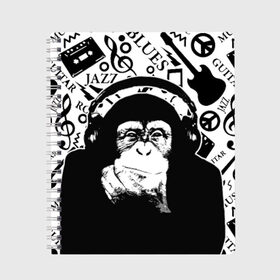 Тетрадь с принтом Шимпанзе в наушниках в Петрозаводске, 100% бумага | 48 листов, плотность листов — 60 г/м2, плотность картонной обложки — 250 г/м2. Листы скреплены сбоку удобной пружинной спиралью. Уголки страниц и обложки скругленные. Цвет линий — светло-серый
 | Тематика изображения на принте: джаз | музыка | обезьяна | рок | шимпанзе в наущниках
