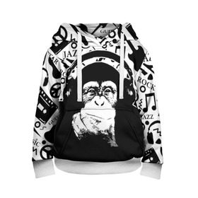 Детская толстовка 3D с принтом Шимпанзе в наушниках в Петрозаводске, 100% полиэстер | двухслойный капюшон со шнурком для регулировки, мягкие манжеты на рукавах и по низу толстовки, спереди карман-кенгуру с мягким внутренним слоем | джаз | музыка | обезьяна | рок | шимпанзе в наущниках