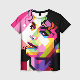 Женская футболка 3D с принтом Майкл Джексон в Петрозаводске, 100% полиэфир ( синтетическое хлопкоподобное полотно) | прямой крой, круглый вырез горловины, длина до линии бедер | michael jackson | майкл джексон | поп арт | портрет