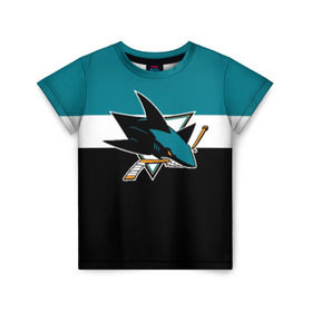 Детская футболка 3D с принтом San Jose Sharks в Петрозаводске, 100% гипоаллергенный полиэфир | прямой крой, круглый вырез горловины, длина до линии бедер, чуть спущенное плечо, ткань немного тянется | Тематика изображения на принте: hockey | nhl | san jose sharks | нхл | спорт | хоккей