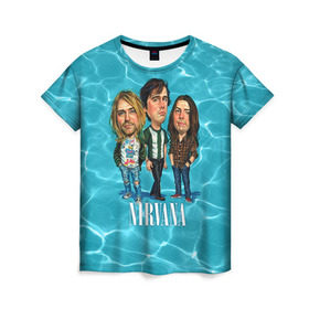 Женская футболка 3D с принтом Шаржи группа Nirvana в Петрозаводске, 100% полиэфир ( синтетическое хлопкоподобное полотно) | прямой крой, круглый вырез горловины, длина до линии бедер | cobain | curt | nirvana | rock | группа | кобейн | курт | нирвана | рок