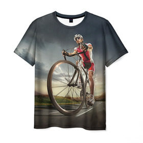 Мужская футболка 3D с принтом Велогонщик в Петрозаводске, 100% полиэфир | прямой крой, круглый вырез горловины, длина до линии бедер | extreme | вело | велосипед | шоссейный велосипед | экстрим
