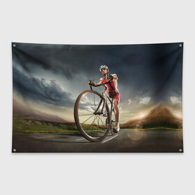Флаг-баннер с принтом Велогонщик в Петрозаводске, 100% полиэстер | размер 67 х 109 см, плотность ткани — 95 г/м2; по краям флага есть четыре люверса для крепления | extreme | вело | велосипед | шоссейный велосипед | экстрим