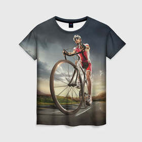 Женская футболка 3D с принтом Велогонщик в Петрозаводске, 100% полиэфир ( синтетическое хлопкоподобное полотно) | прямой крой, круглый вырез горловины, длина до линии бедер | extreme | вело | велосипед | шоссейный велосипед | экстрим