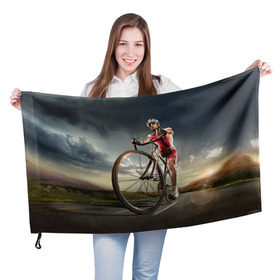 Флаг 3D с принтом Велогонщик в Петрозаводске, 100% полиэстер | плотность ткани — 95 г/м2, размер — 67 х 109 см. Принт наносится с одной стороны | extreme | вело | велосипед | шоссейный велосипед | экстрим