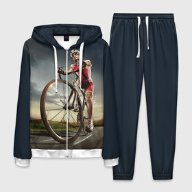 Мужской костюм 3D с принтом Велогонщик в Петрозаводске, 100% полиэстер | Манжеты и пояс оформлены тканевой резинкой, двухслойный капюшон со шнурком для регулировки, карманы спереди | Тематика изображения на принте: extreme | вело | велосипед | шоссейный велосипед | экстрим